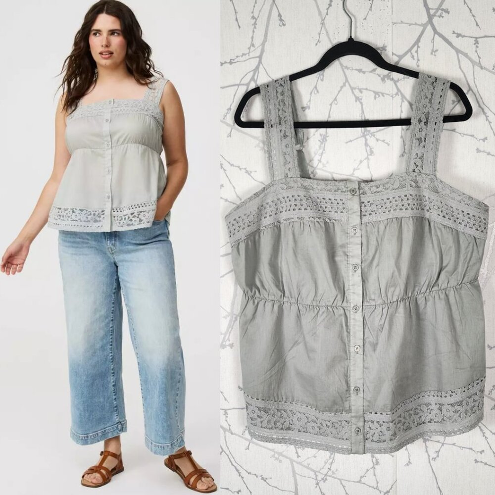 Torrid Gray Cotton Lace Inset Button Front Babydoll Cami
